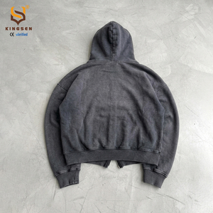 Sudadera con capucha de algodón puro de alto gramaje con logo personalizado, lavado ácido, efecto desgastado por el sol, corte holgado, estampado digital, sudadera con capucha sólida extragrande con cremallera para hombre - Product Image 3