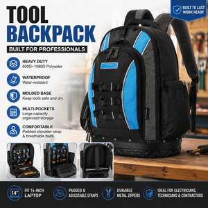 Professional Tool Backpack Electrician Tool Bag with Molded Hard Bottom 600D+1680D Waterproof Large Capacity Organizer - Product Image 1