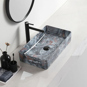 Lavabo de salle de bain rectangulaire gris marbré de haute qualité, moderne, en céramique, à poser sur comptoir, facile à nettoyer - Product Image 5