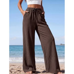 Womens <b>Summer</b> Elastic Waist Textured Flowy Palazzo <b>Pants</b> Wide Leg Casual High Waist Breathable Crepe <b>Pants</b> With Pockets - Product Image 2