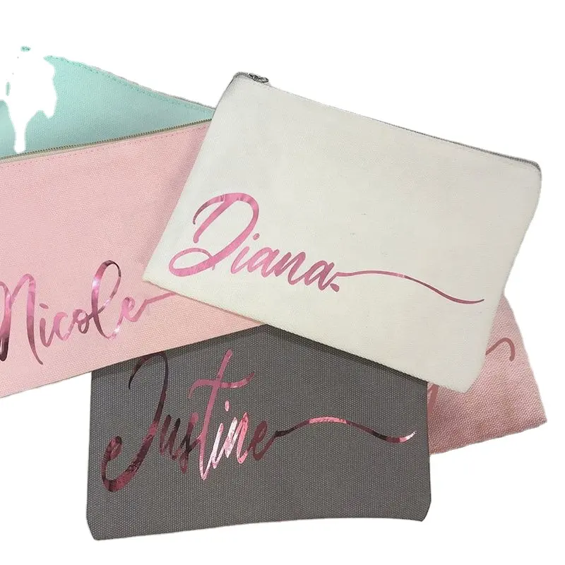Personalizar diferentes color gris bolsa de algodón bolso cosmético promocional de lona de algodón bolsa de la cremallera con logotipo personalizado