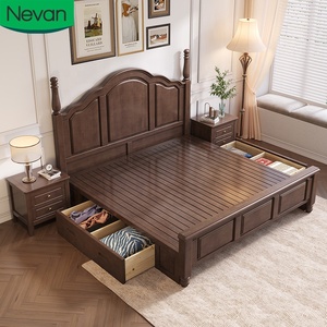 Ensemble de meubles de chambre à coucher moderne, <span class=keywords><strong>lit</strong></span> en bois bon marché, personnalisation du design, <span class=keywords><strong>lit</strong></span> double en bois massif avec cadre en cuir, taille <span class=keywords><strong>king</strong></span>-size - Product Image 1
