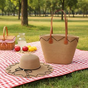 Fashion Women Straw Bag <b>Hat</b> Set <b>Summer</b> Outdoor Travel Beach Straw Handbag <b>Ladies</b> Straw Tote Bag - Product Image 6