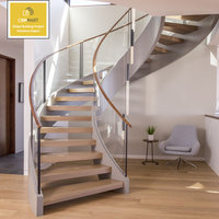 Escalier droit CBMmart pour intérieur, en acier, marbre, bois, verre courbé, avec LED et rampe flottante en bois