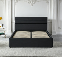 Lit convertible en cuir noir et métal, réglable, avec tête de lit capitonnée à cannelures profondes, plateforme de rangement relevable, taille King/Queen