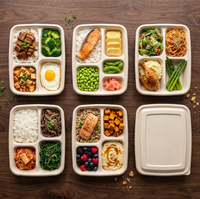 Boîte à lunch rigide à 4 compartiments en bagasse de canne à sucre, écologique, biodégradable, micro-ondable, avec partitionnement des nutriments
