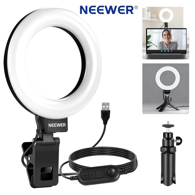 For 5" Adjustable Color Temperature 3000-6000K Metal Ring Light Clip-On Stand Desk Tripod for Video Conferences Laptops