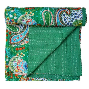Luxury Brand Handmade Block Print 100% Cotton Green Paisley Indian Queen Size Kantha Quilt Washable Reversible Eco-friendly Home - Product Image 1