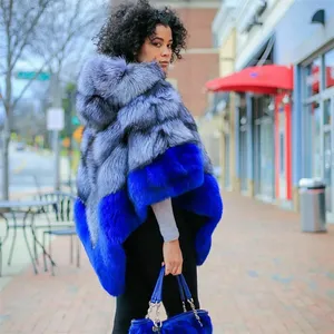 Kadın gerçek tilki kürk pelerinler kış yeni yüksek kalite tüm cilt hakiki gümüş tilki kürk Ponchos ve pelerinler Trendy kürk paltolar