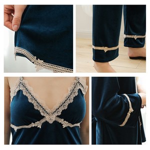 Completo da donna <span class=keywords><strong>Sexy</strong></span> in quattro pezzi in velluto con pigiama con scollo a v in pizzo Condole per donna - Product Image 5