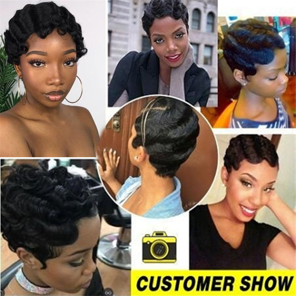 wig short finger wave human hair for women brown short ocean wave pixie cut natural color