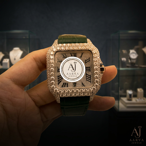 Montre mécanique automatique de luxe Aarva Jewels, boîtier carré, lunette sertie de diamants, cadran romain, date, bracelet en cuir vert - Product Image 1