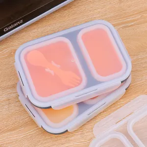 Best Seller Collapsible BPA Free 2 Compartments Food Storage Containers Microwave Silicone Bento Lunch Boxes For Kids With Spoon