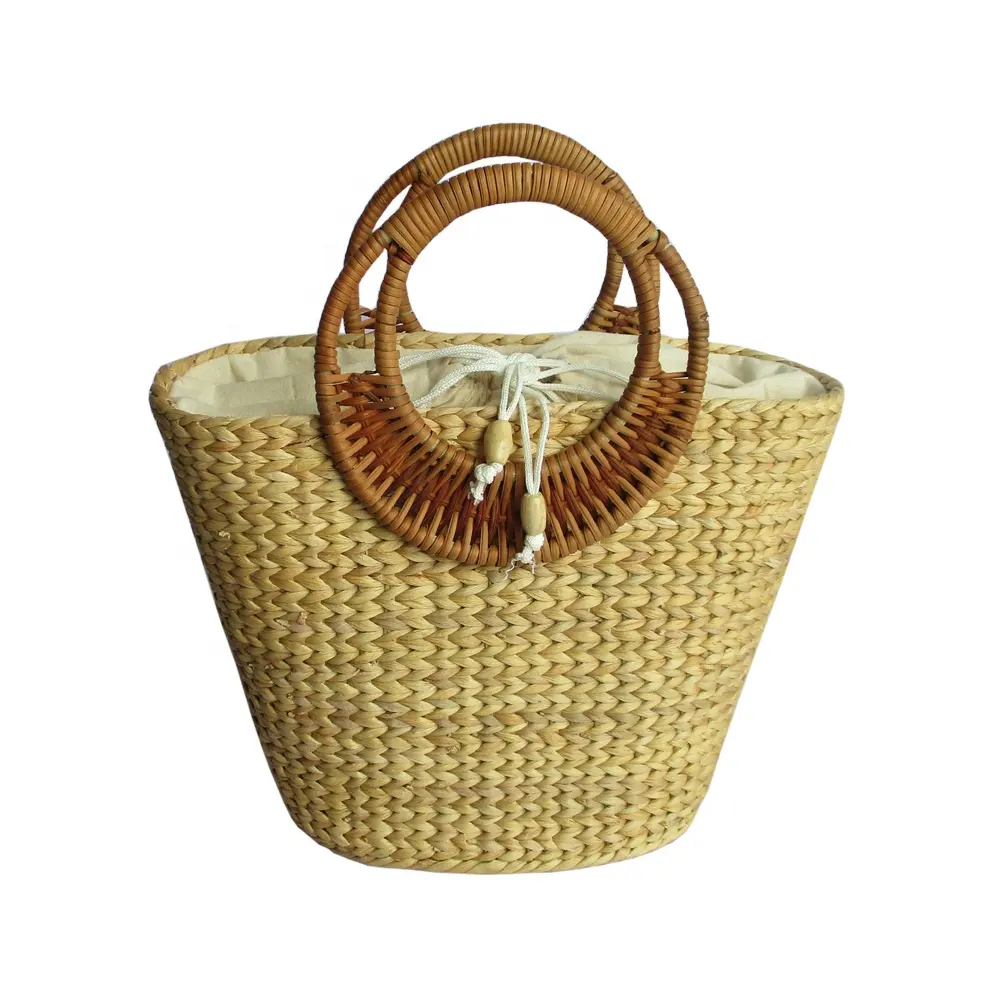 Bolsa de palha artesanal vietnamita, bolsa de mão artesanal de jacinto de água, bolsa de praia com decoração de flores, ideal para o Vietnã