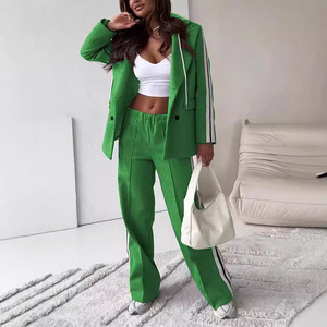 Conjunto Elegante de 2 Piezas para Mujer, Sudadera con Capucha y Solapa, Chaqueta de Manga Larga con Rayas en Contraste, Pantalones Rectos, Traje Femenino, Otoño 2024 - Product Image 4