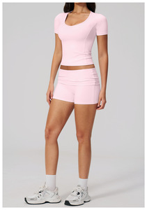 Ensemble d'entraînement 2 pièces pour femme Yian, haut de compression à manches courtes et col en U et <span class=keywords><strong>short</strong></span> cycliste taille haute à revers - Product Image 5