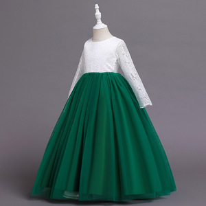 Robe de princesse en dentelle pour filles, jupe en Tulle vert, manches longues, tenue de spectacle sur scène, robe formelle pour enfants - Product Image 2