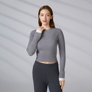 Suéter de punto acanalado personalizado para mujer, top corto informal ajustado, jersey de manga larga con cuello redondo para otoño e invierno - Product Image 1