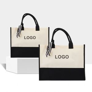 Reusable <b>Black</b> White <b>Canvas</b> <b>Tote</b> <b>Bag</b> with Striped Ribbon Custom Logo for Gift Shopping Promotion - Product Image 1