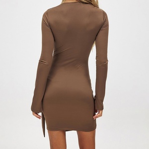 Autumn Regular Fit Elastic Fashion Women Dress Custom <b>Black</b> Mini Casual Short <b>Wrap</b> Front Long Sleeve Natural Waistline Bodycon - Product Image 4