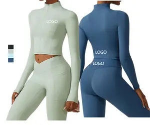 Custom logo Winter Quick Dry long sleeve Full Zip Up Top running coat tight fitness suit women yoga jackets