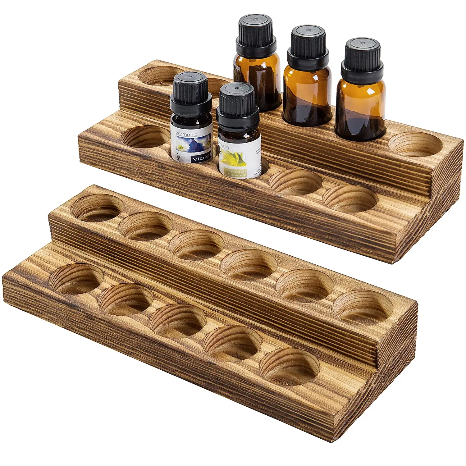 Gesew — support en bois massif rustique pour bouteilles, ensemble de 2 présentoirs pour huiles essentielles, en bois fumé, pour organisateur de bouteilles, 11 pièces