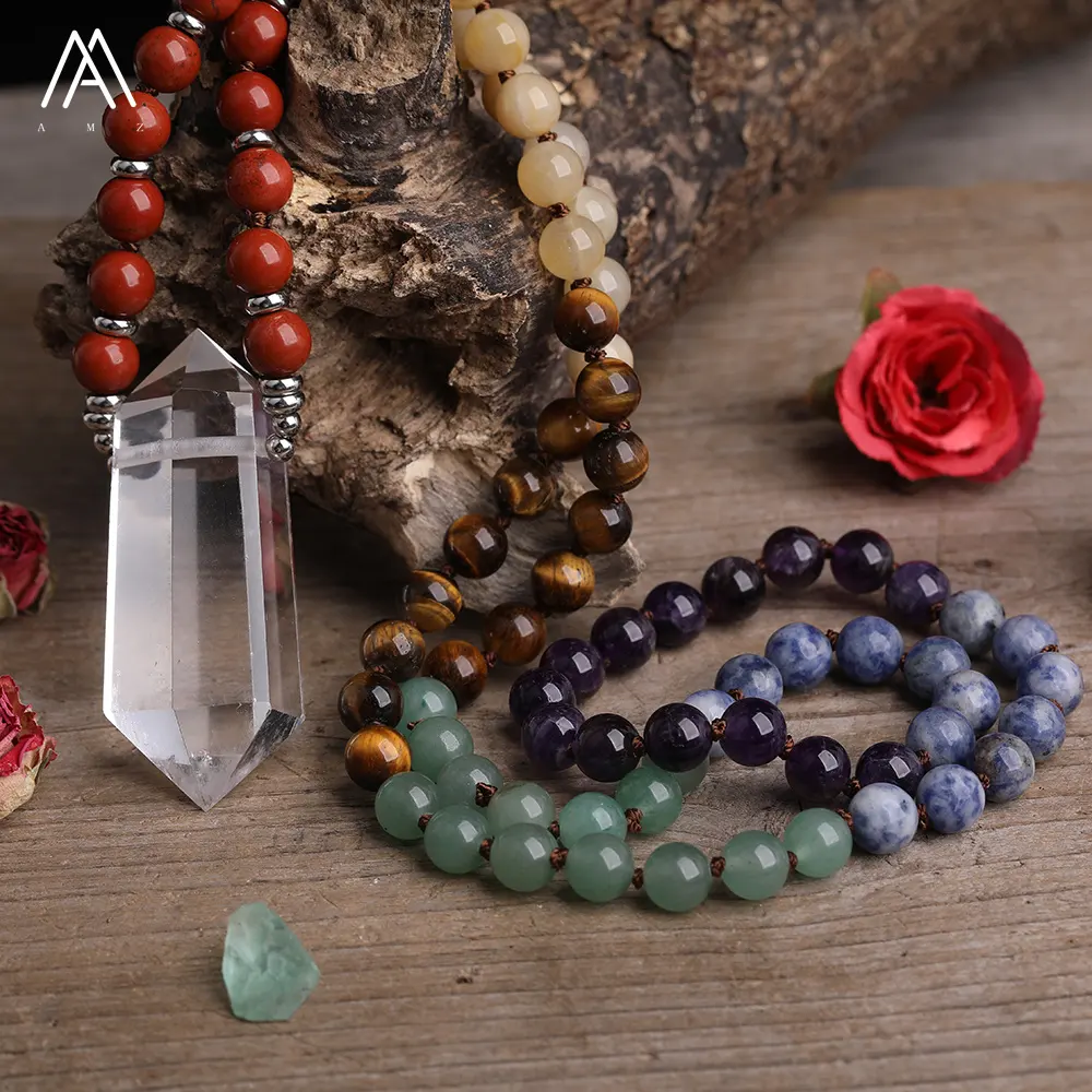 Chakra Necklaces healing Crystal Jewelry , Long Knotted Mala Necklace , Meditation Energy Yoga Unisex Gifts