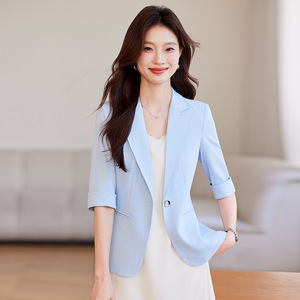 Women's Short Blazer Blue Solid Color Polyester Breathable Lightweight Suit Top For Casual Elegant Wear - Product Image 1
