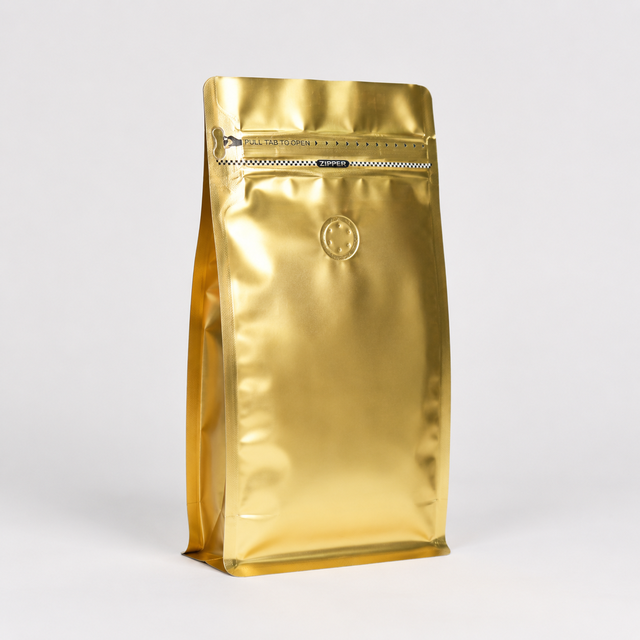 Luxury Gold Coffee Packaging Bags Valve Zipper Custom Printed Foil Resealable Pouch for Roasted Beans Eight Side Seal Coffee Bag