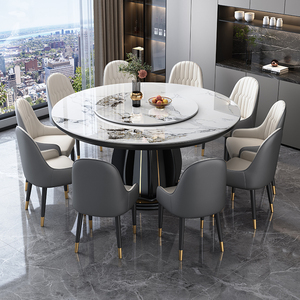 Table à manger ronde design avec plateau en pierre durable et base en bois avec accent en acier <span class=keywords><strong>plaqué</strong></span> or pour un mobilier de maison moderne - Product Image 2