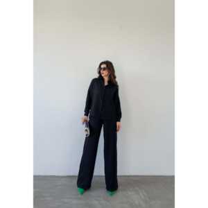 ชุดเสื้อและกางเกงเครปผู้หญิงสุดหรู 2 ชิ้น แขนยาว สีดำ ชุดลำลองสำหรับใส่ในชีวิตประจำวัน - Product Image 4