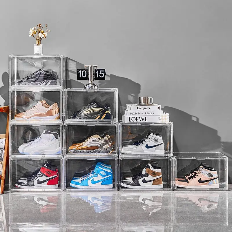 Klare Acryl Großhandel Sneaker Box UK magnetische benutzer definierte Logo Drop Front transparente Schuhkarton Lagerung stapelbare Schuhe tui
