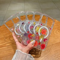 Nouvelle coque de téléphone portable en résine avec fleurs séchées et paillettes argentées pour iPhone 16 Plus 17 Pro Max, coque arrière magnétique transparente