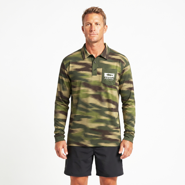 Custom Camo Print Men's Plus Size Long Sleeve Polo Fishing Shirt UPF 50 Quick Dry Breathable Moisture Wicking Sun Protection
