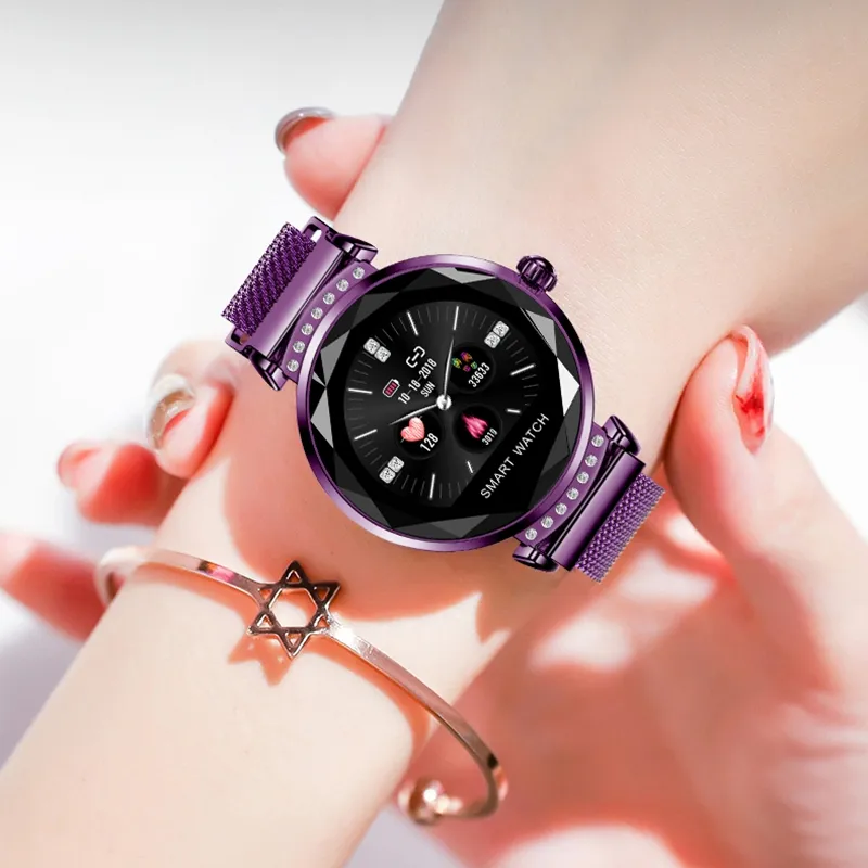 Mode H2 Lady Smart Horloge 3D Diamant Glas Ppg Hartslag Bloeddruk Lady Smart Horloge Armband