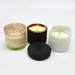 Colorful pressed diamond mercury geo cut glass candle jar with wooden lid embossed matte black candle vessels with glass lid