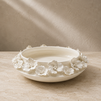 Bol décoratif en céramique blanche, applique florale 3D, centre de table sculptural pour table basse, décoration intérieure