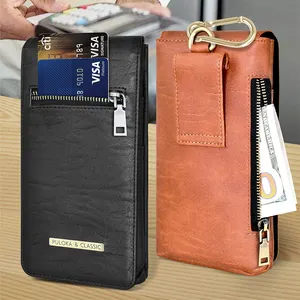 棕色豪华卡座手机袋通用运动磁铁皮革拉链钱包手机套