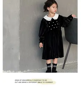 2023 Herfst Winter Koreaans Ontwerp Baby Peuter Baby Meisjes Fluwelen Jurken Effen Zwarte Prinses Kleding Groothandel 886l