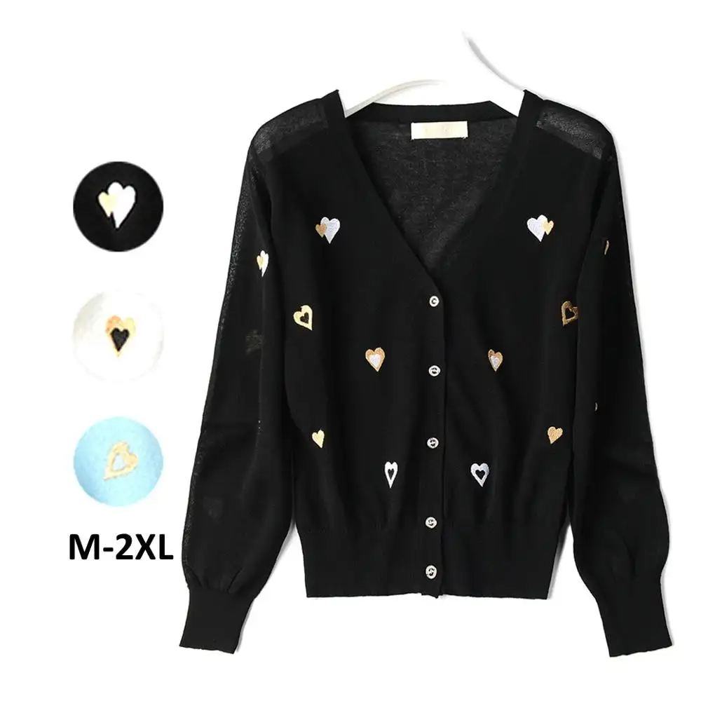 Black Blank Long Sleeve White Patches Women's V Neck Thin Custom Sweaters Heart Cardigan Embroidery