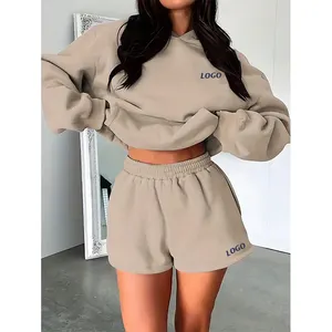 F240140 Custom Short Sets 2 Piece Set Women Long Sleeve Plain Hoodie Sweatsuit And Gym Shorts Set Spring Clothes For Women