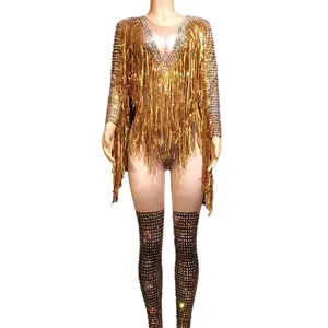 반짝 이는 골드 술 라인 석 바디 수트 여성 폴 댄스 성능 착용 무대 의상 클럽 의상 섹시한 점프 슈트