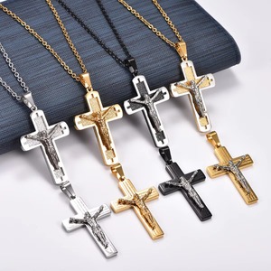 Collier pendentif croix de Jésus en acier inoxydable pour femmes et hommes, avec breloques imprimées Bible, chaîne en métal, amulette, bijou cadeau - Product Image 1