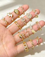 Cincin Terbuka Berlapis Emas Motif Bunga Sayap Bergaya, Cincin Jari Tumpuk yang Dapat Disesuaikan dengan Zirkon untuk Wanita