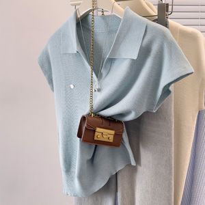 Maglione Estivo da <span class=keywords><strong>Donna</strong></span> 2026 in Seta Ghiaccio con Colletto, Top a Maniche Corte di Alta Qualità, Stile Normcore/Minimalista - Product Image 2