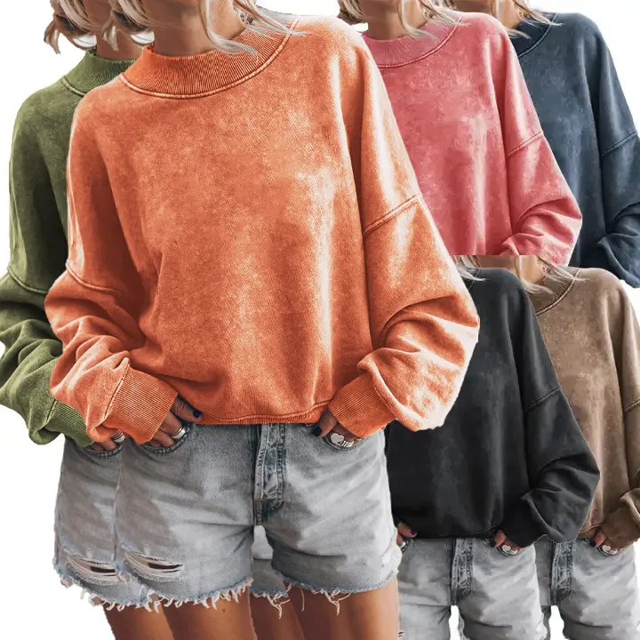 Custom Logo Women'S Hoodies & Sweatshirts Casual Winter Ladies Pullover 100% Cotton Brown Drop Shoulder Crew Neck Sweatshirts