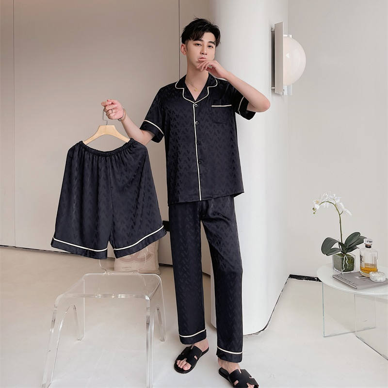 Factory Wholesale Men's Sleepwear Summer New Men Ice Silk Three Pieces Sets  Pure Color Jacquard Luxury Short Sleeve Pajamas