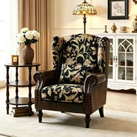Flower Tiger Sessel im französischen Retro-Stil, Stoff-Leder-Kombination, Einzelsessel, amerikanischer Wohnzimmer-Hochlehner, lässiges Einzelsofa