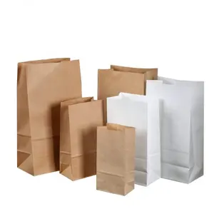 Customized Recyclable Design Printing Logo Food Grade Square Bottom White Brown Kraft Takeaway Paper Bags Without Handle