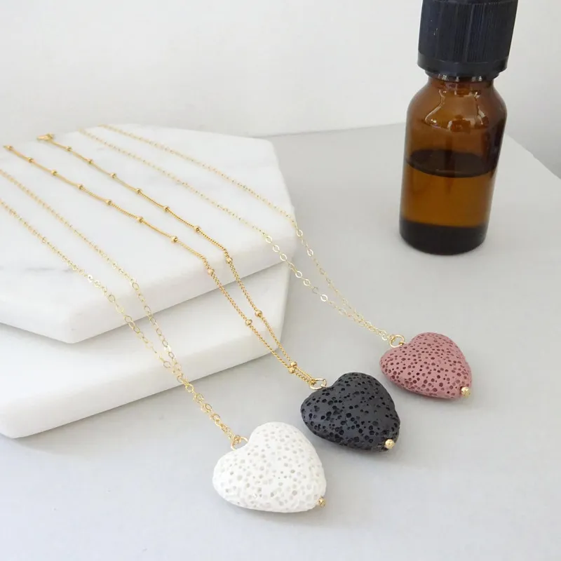 Wholesale women heart shape lava stone essential oil rock necklace